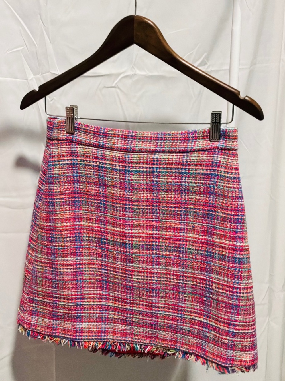 KATE SPADE Multi-Colour Rainbow Tweed Mini Skirt Fringe Hem Pink Blue Size 2